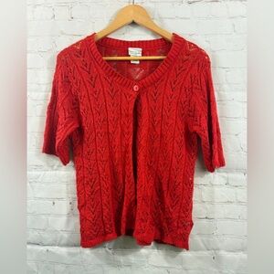 Kim Rogers Cardigan Womens Size Large Red Crocheted Short Sleeve Casual Sweater